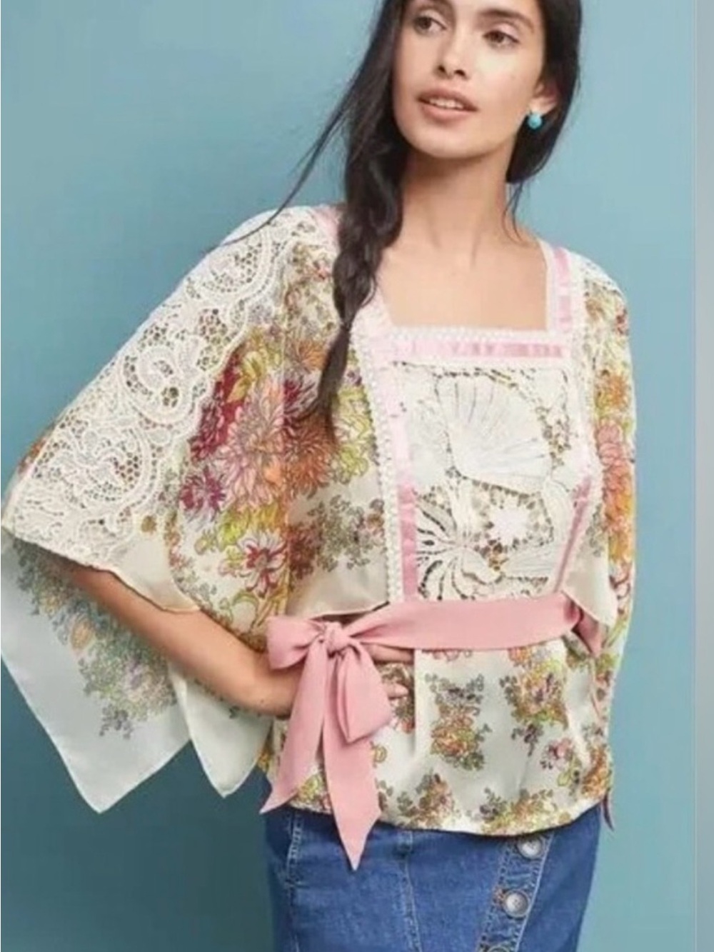 Cream Floral Lace-Trim Blouse with Pink Waist Tie
